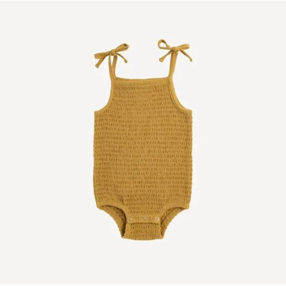 NWT Kate Quinn Tie Smocked Bodysuit Honey Mustard Yellow Bamboo 18-24m - Picture 1 of 2